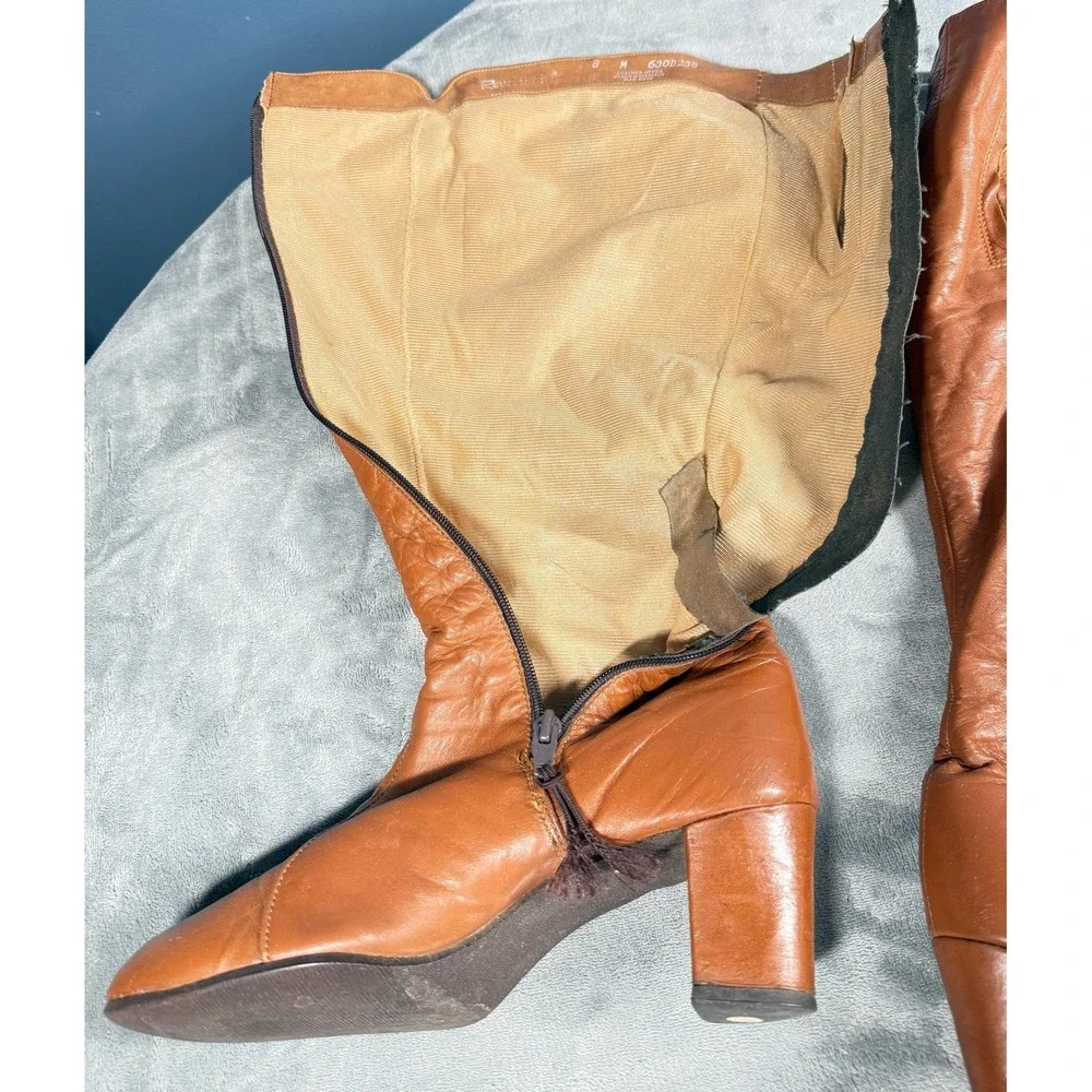 Vintage Revlations Boots Womens 8M Cognac Leather Knee High Zip 70s